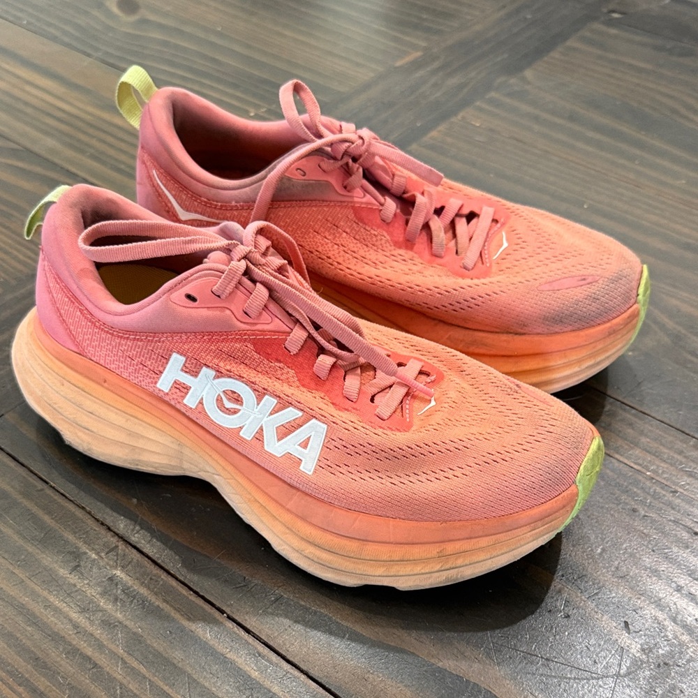 Hoka Coral Pink and Yellow Running Shoes